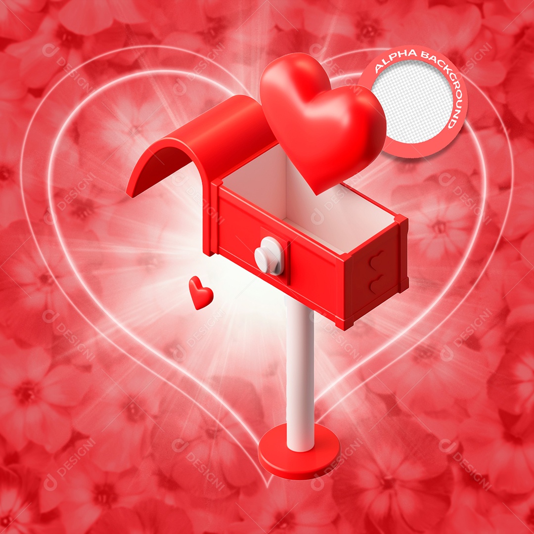 Caixa de Carta com Corações Elemento 3D para Composição PSD