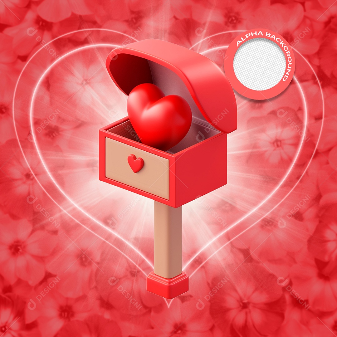 Caixa de Carta com Coração Vermelho Elemento 3D para Composição PSD