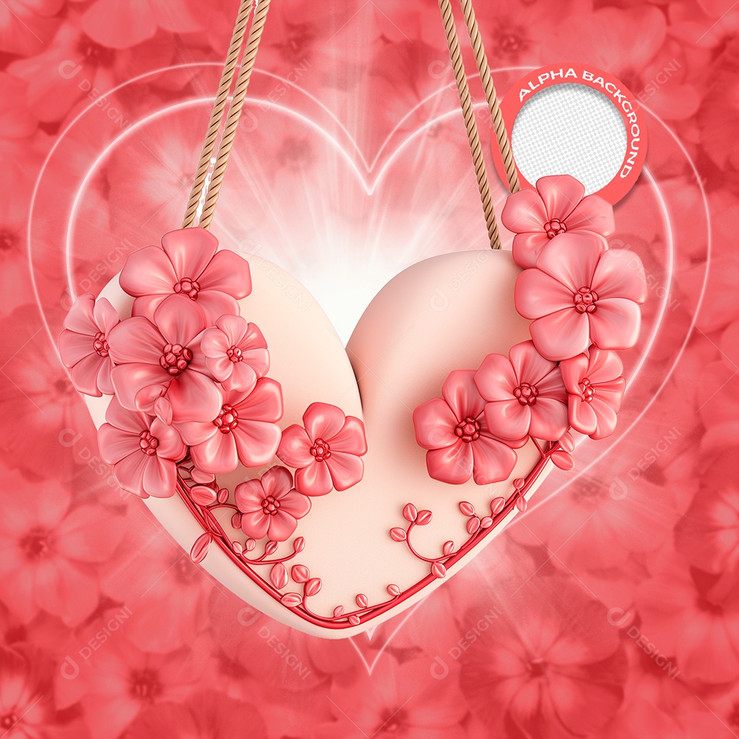 Coração Corda e Flores Elemento 3D para Composição PSD