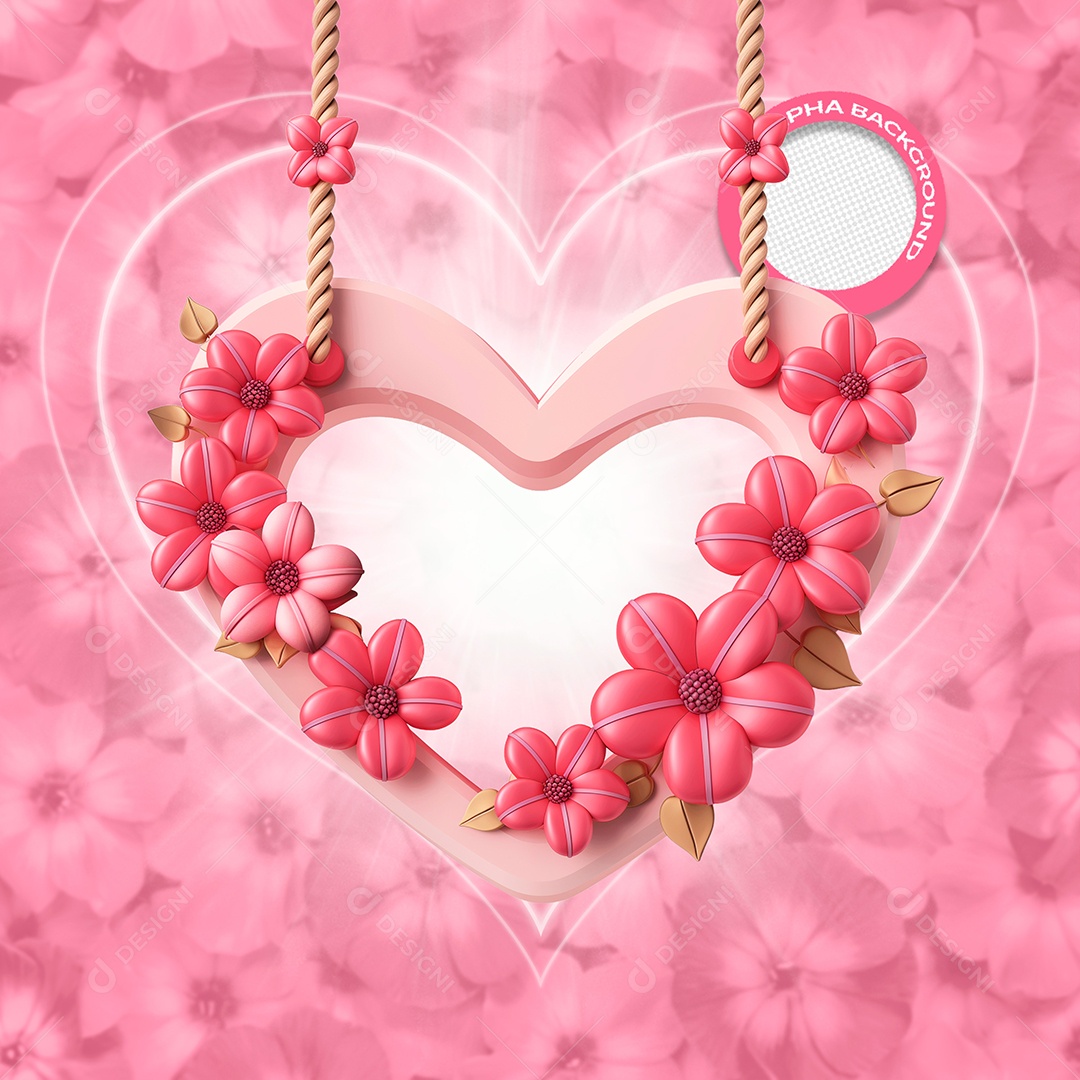 Coração com Flores Elemento 3D Rosa para Composição PSD