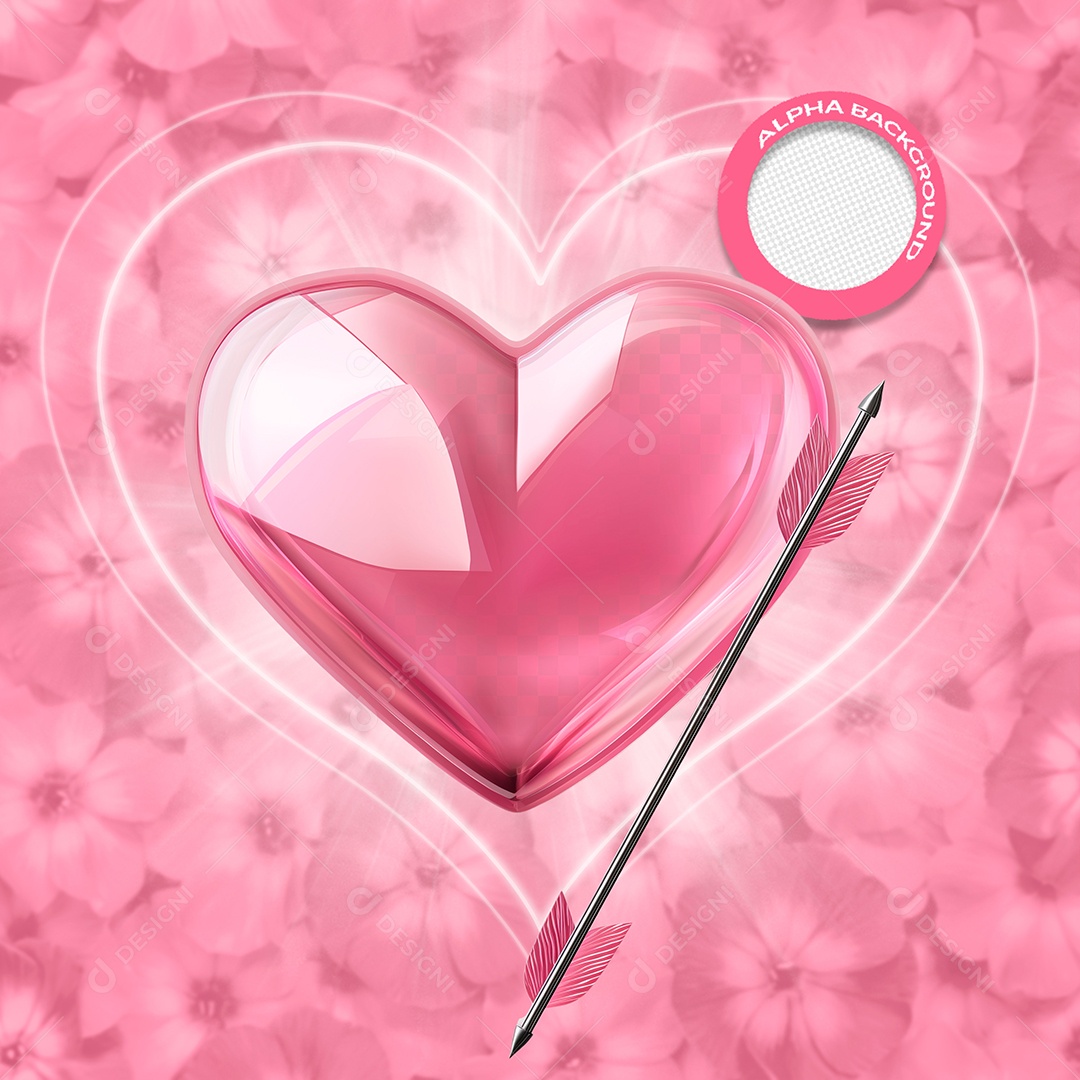 Flecha e Coração Elemento 3D Rosa para Composição PSD