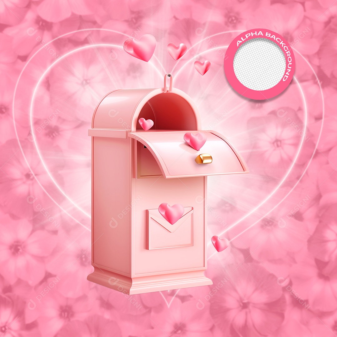 Caixa de Carta Rosa Elemento 3D de Dia dos Namorados para Composição PSD