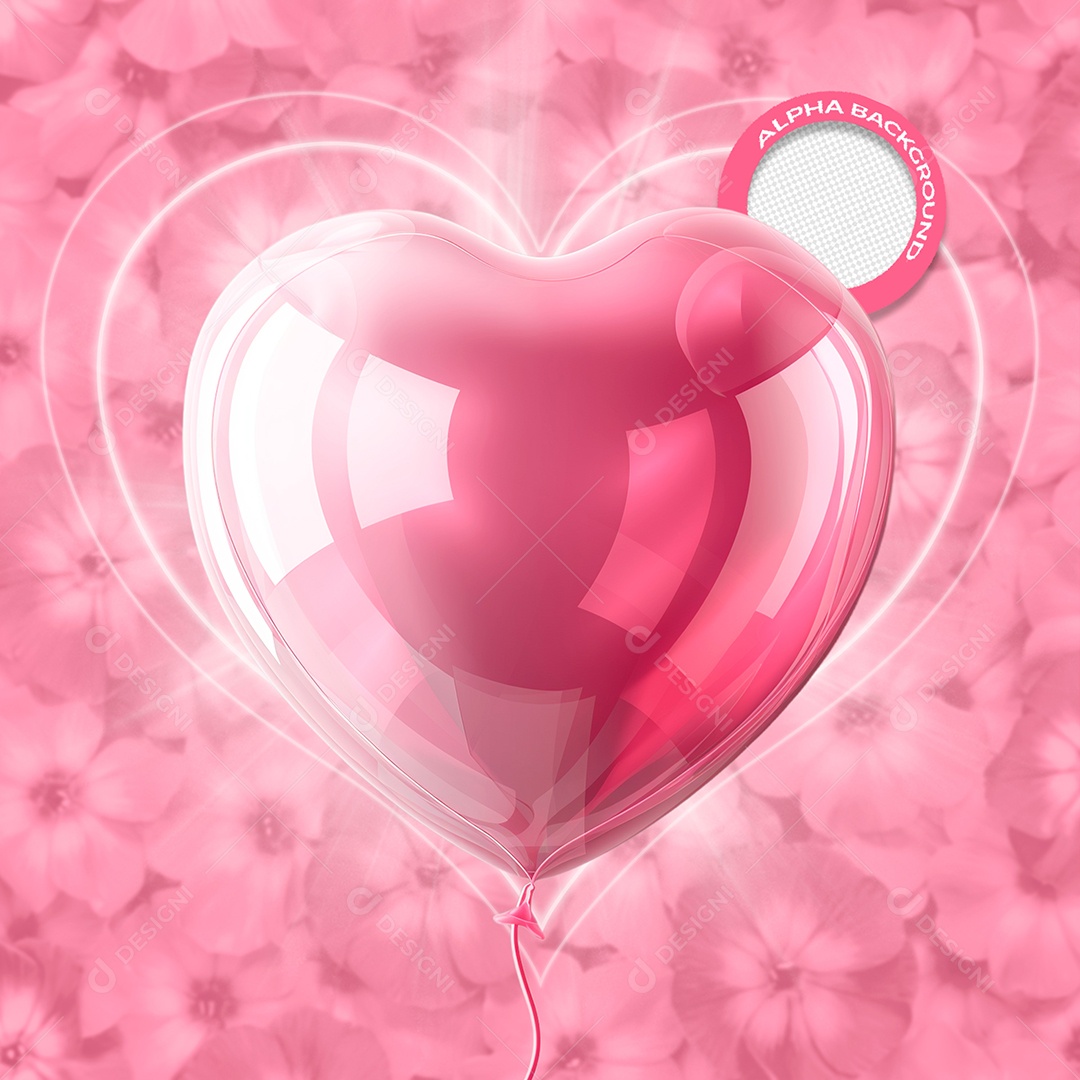 Balão de Coração Elemento 3D Rosa para Composição PSD