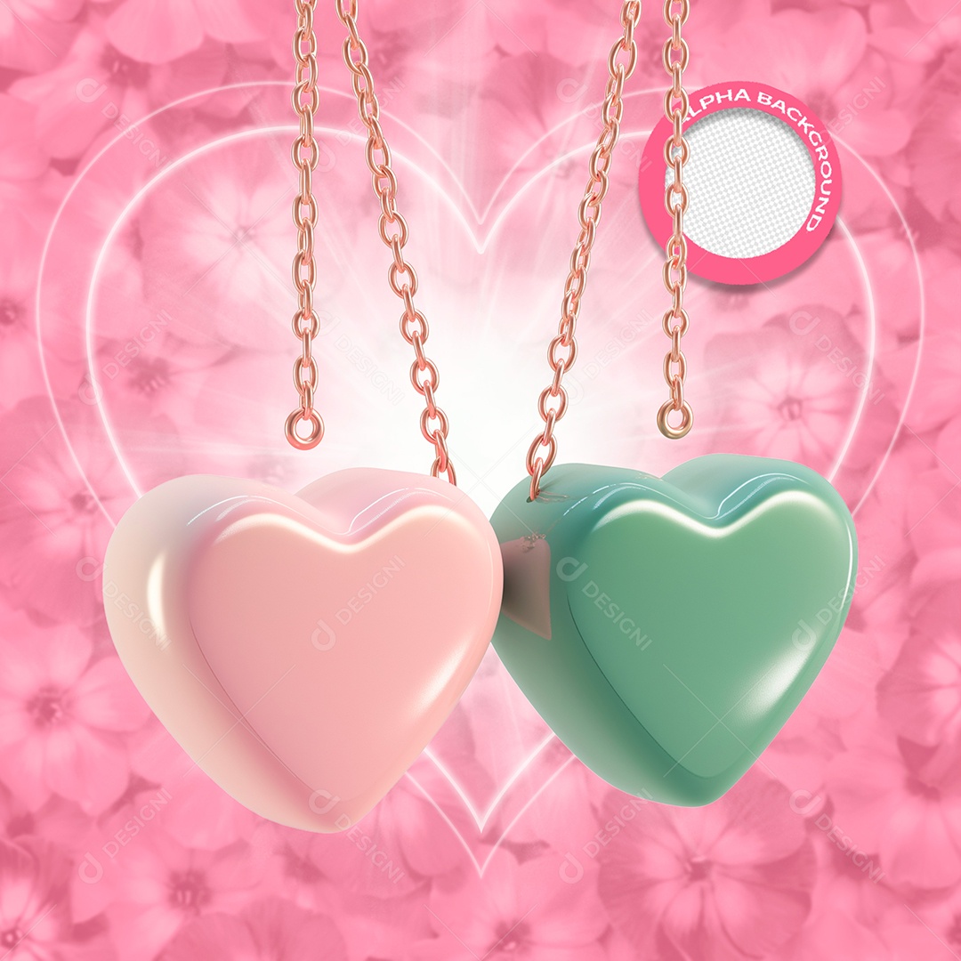 Corações com Corrente Rosa Elemento 3D para Composição PSD