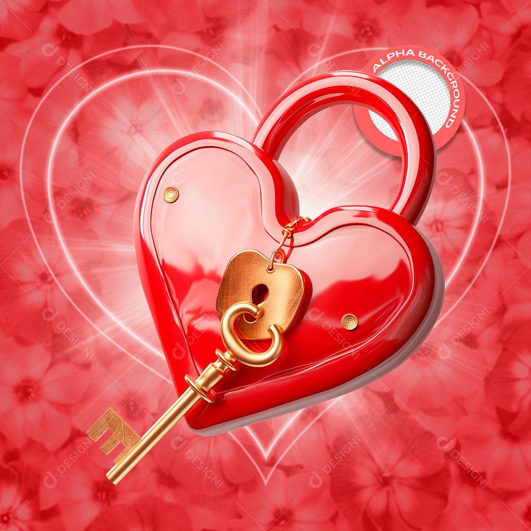 Cadeado de Coração e Chave Elemento 3D para Composição PSD