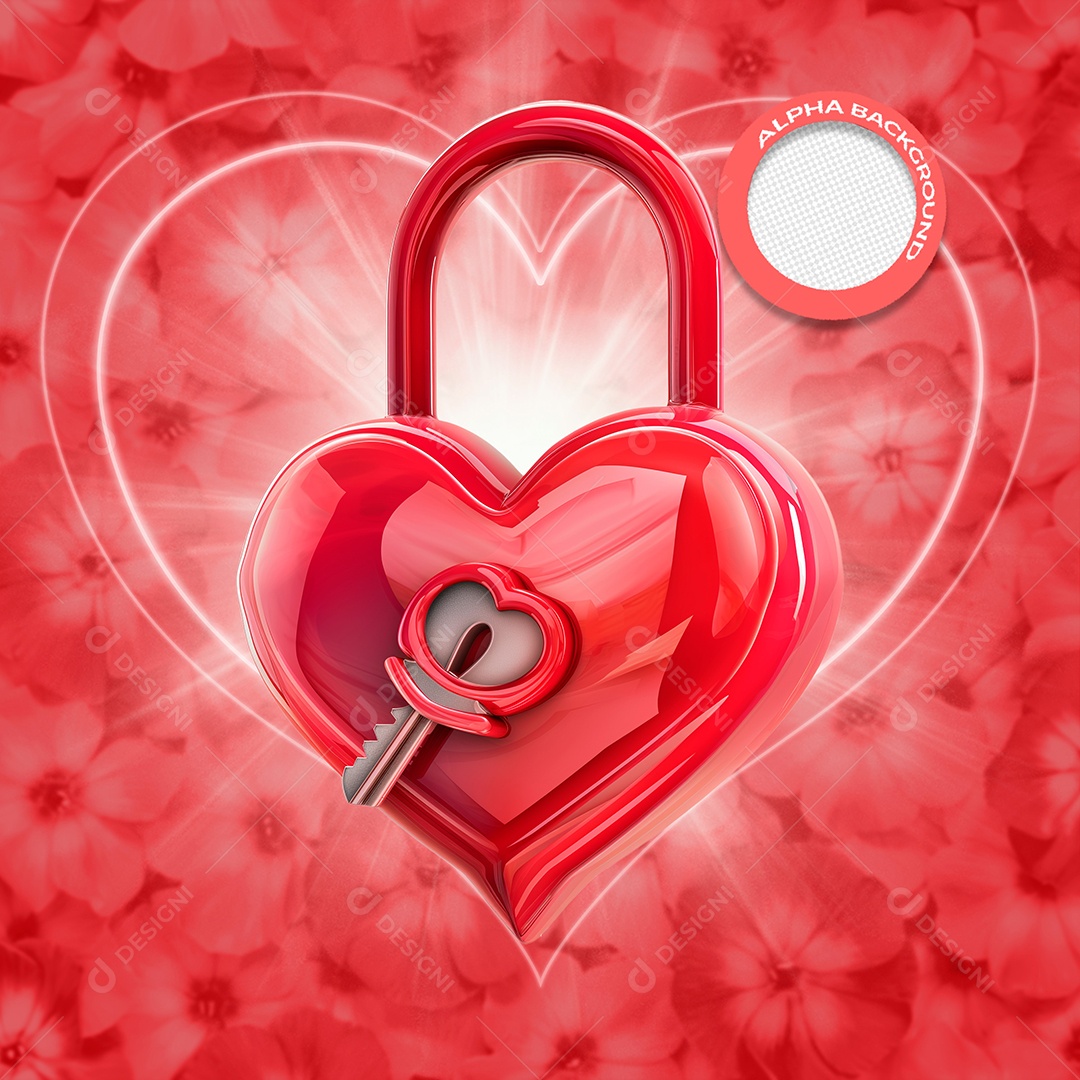 Cadeado de Coração e Chave Elemento 3D Vermelho e Cinza para Composição PSD