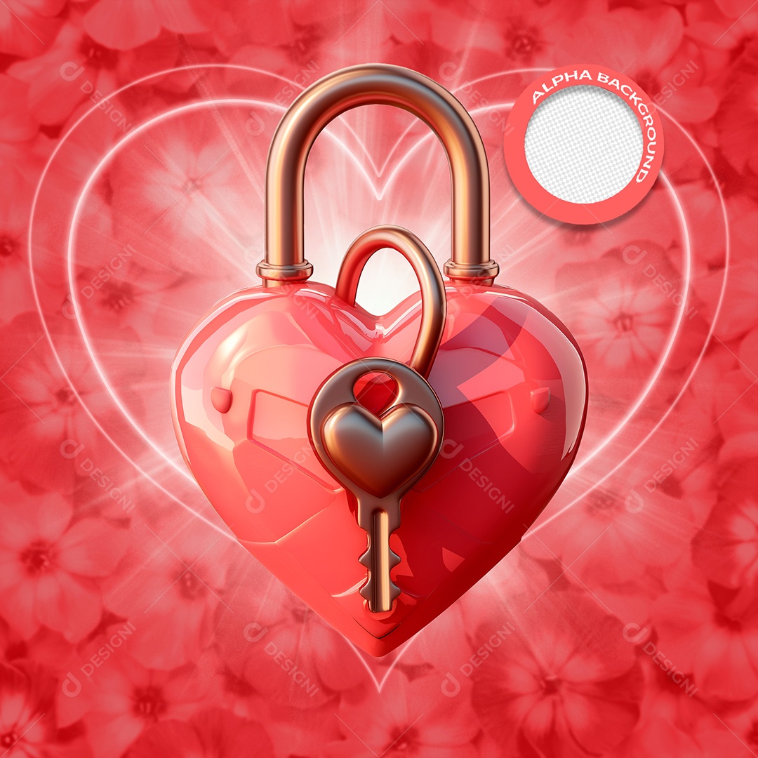 Coração e Chave Elemento 3D Vermelho e Cinza para Composição PSD