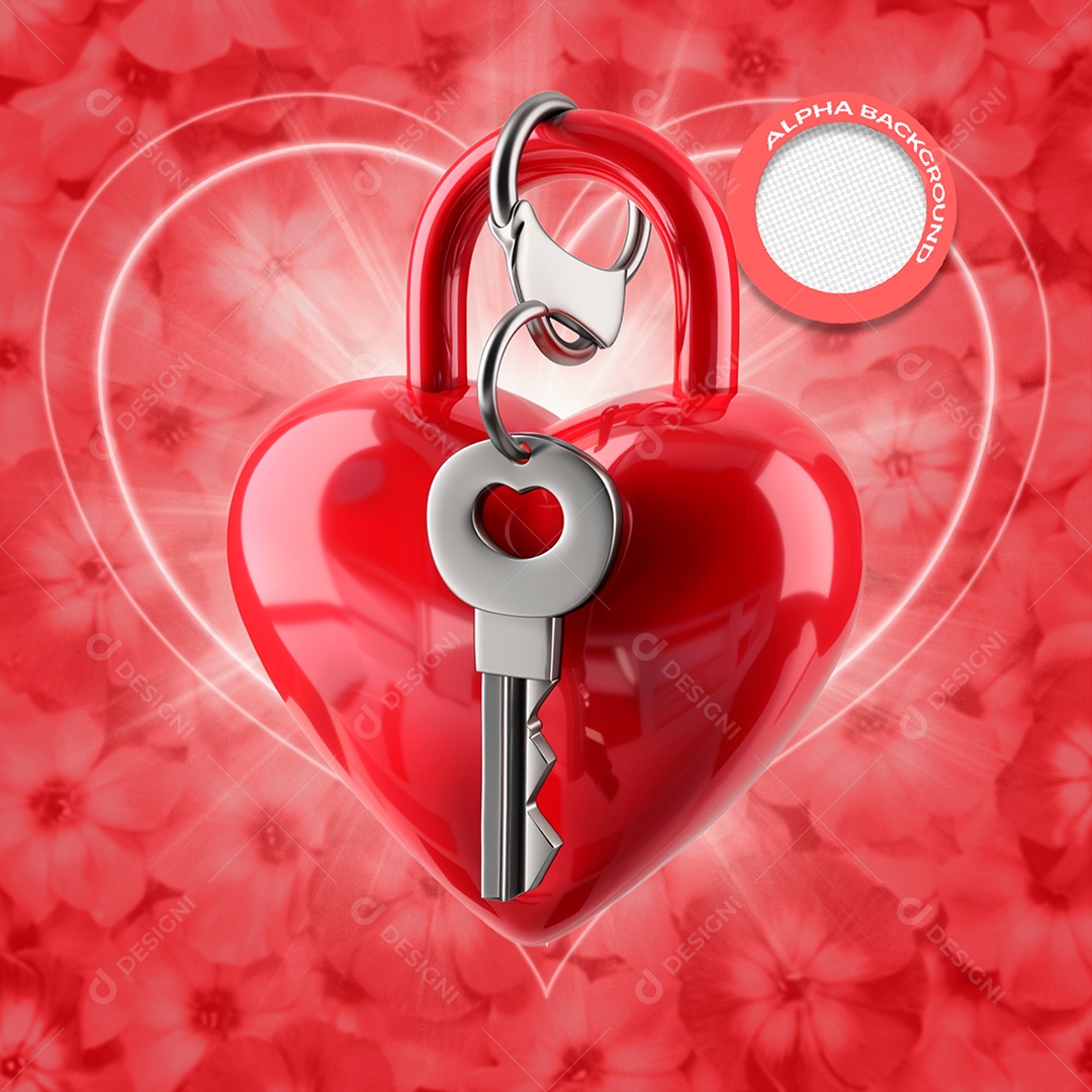 Coração e Chave Elemento 3D Vermelho para Composição PSD