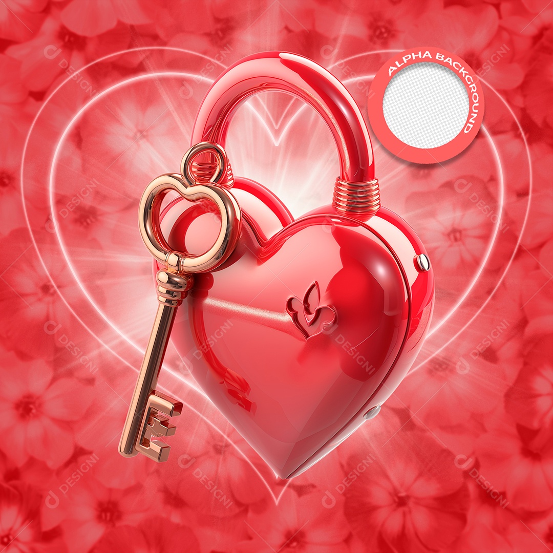 Cadeado de Coração e Chave Elemento 3D para Composição PSD