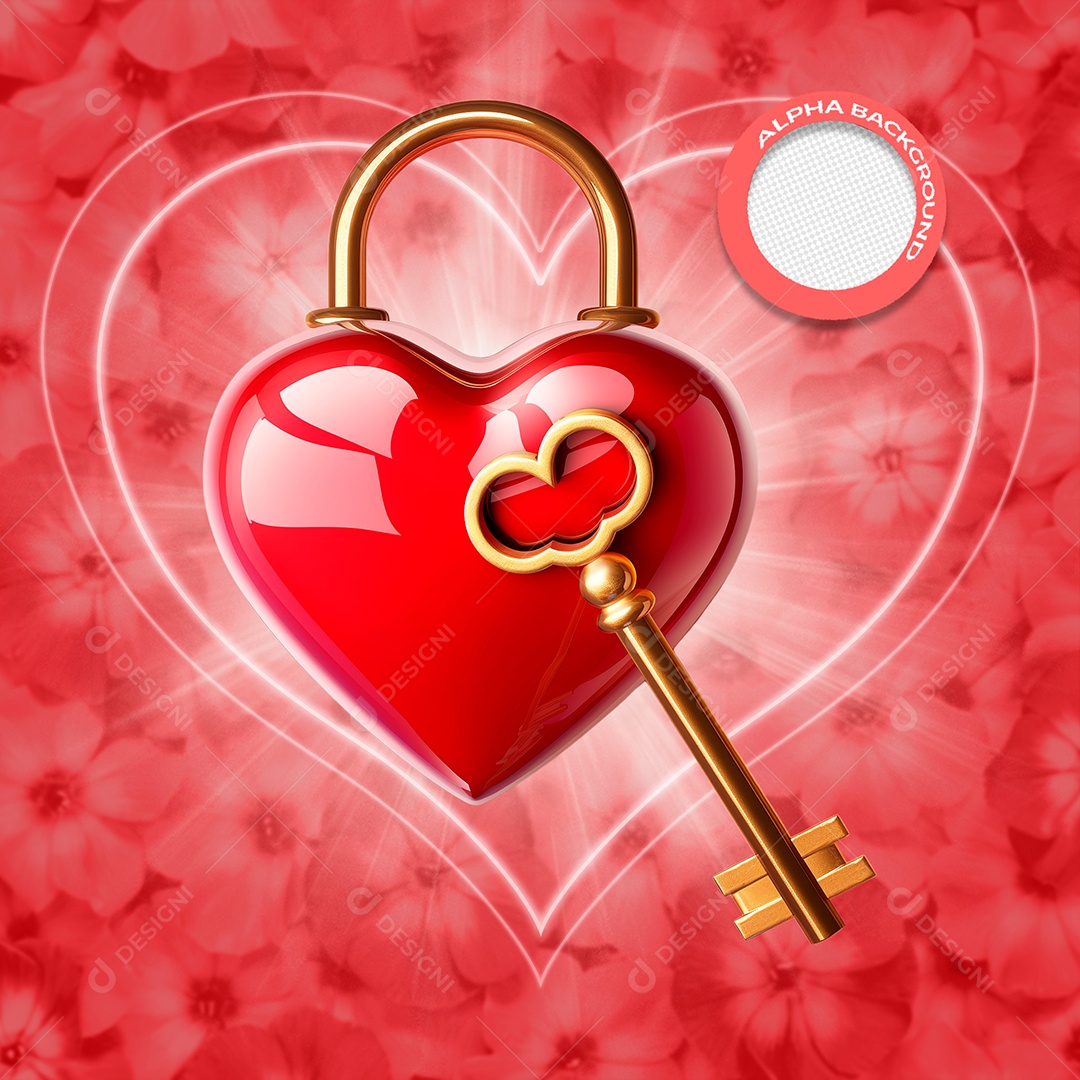 Cadeado e Chave Elemento 3D Vermelho e Dourado para Composição PSD