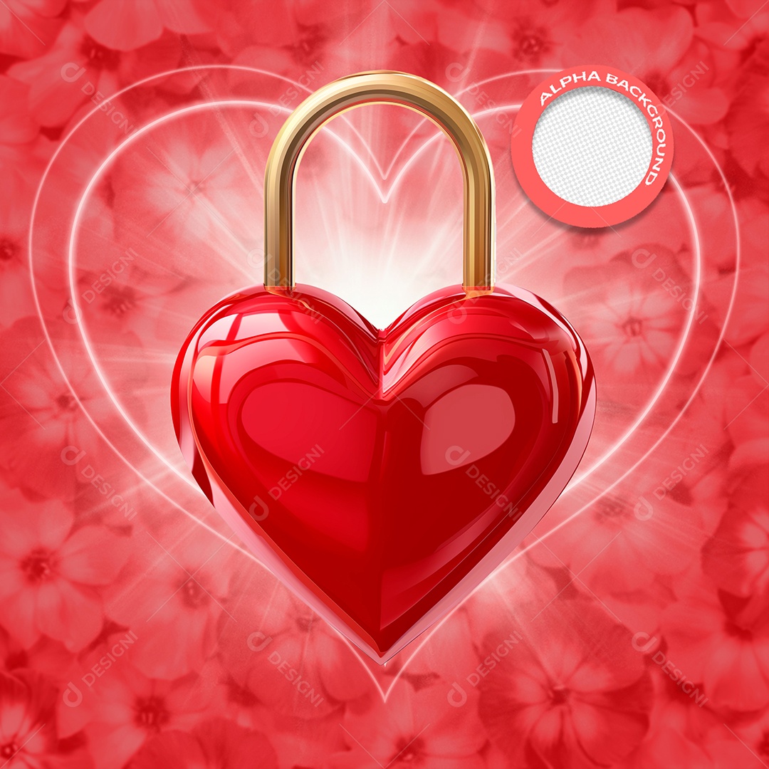Coração Elemento 3D Vermelho e Dourado para Composição PSD