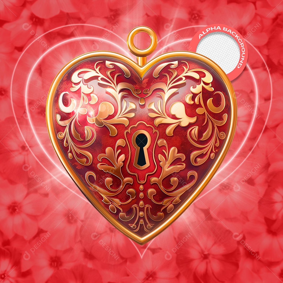 Coração Vermelho Dourado Elemento 3D para Composição PSD