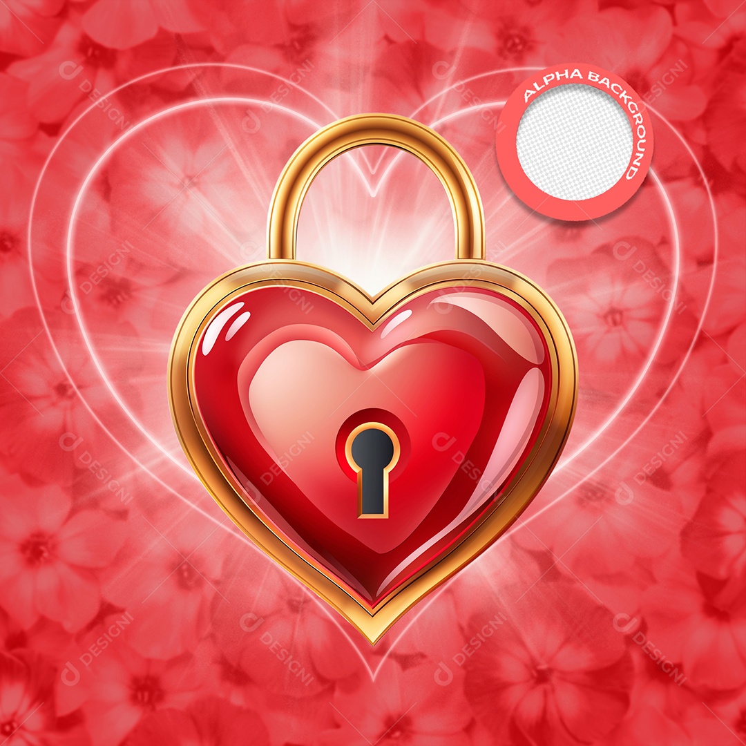 Cadeado de Coração Elemento 3D Vermelho e Dourado para Composição PSD