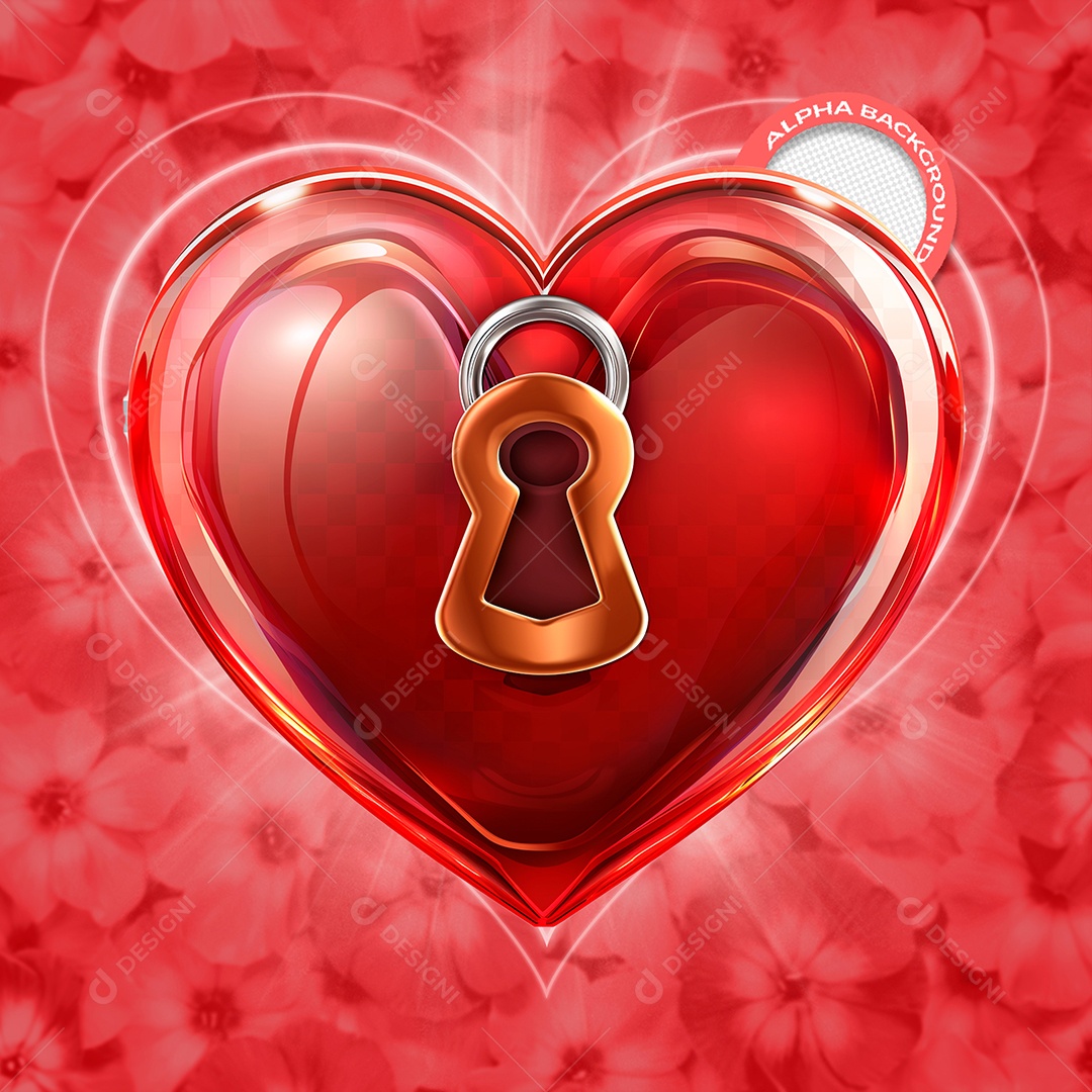 Cadeado de Coração Elemento 3D para Composição PSD