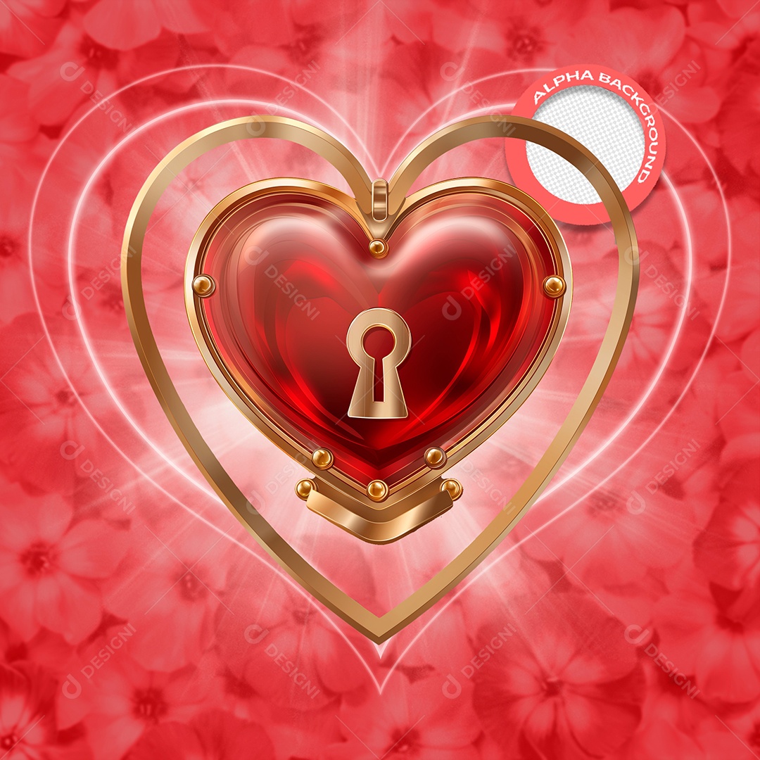 Cadeado de Coração Elemento 3D Vermelho e Dourado para Composição PSD