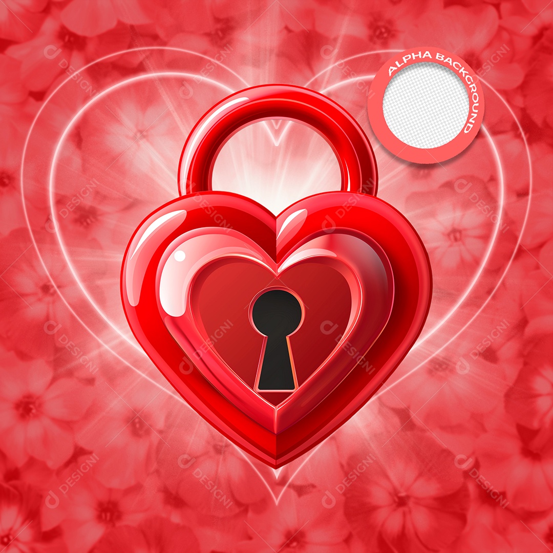 Cadeado Formato de Coração Elemento 3D Vermelho para Composição PSD
