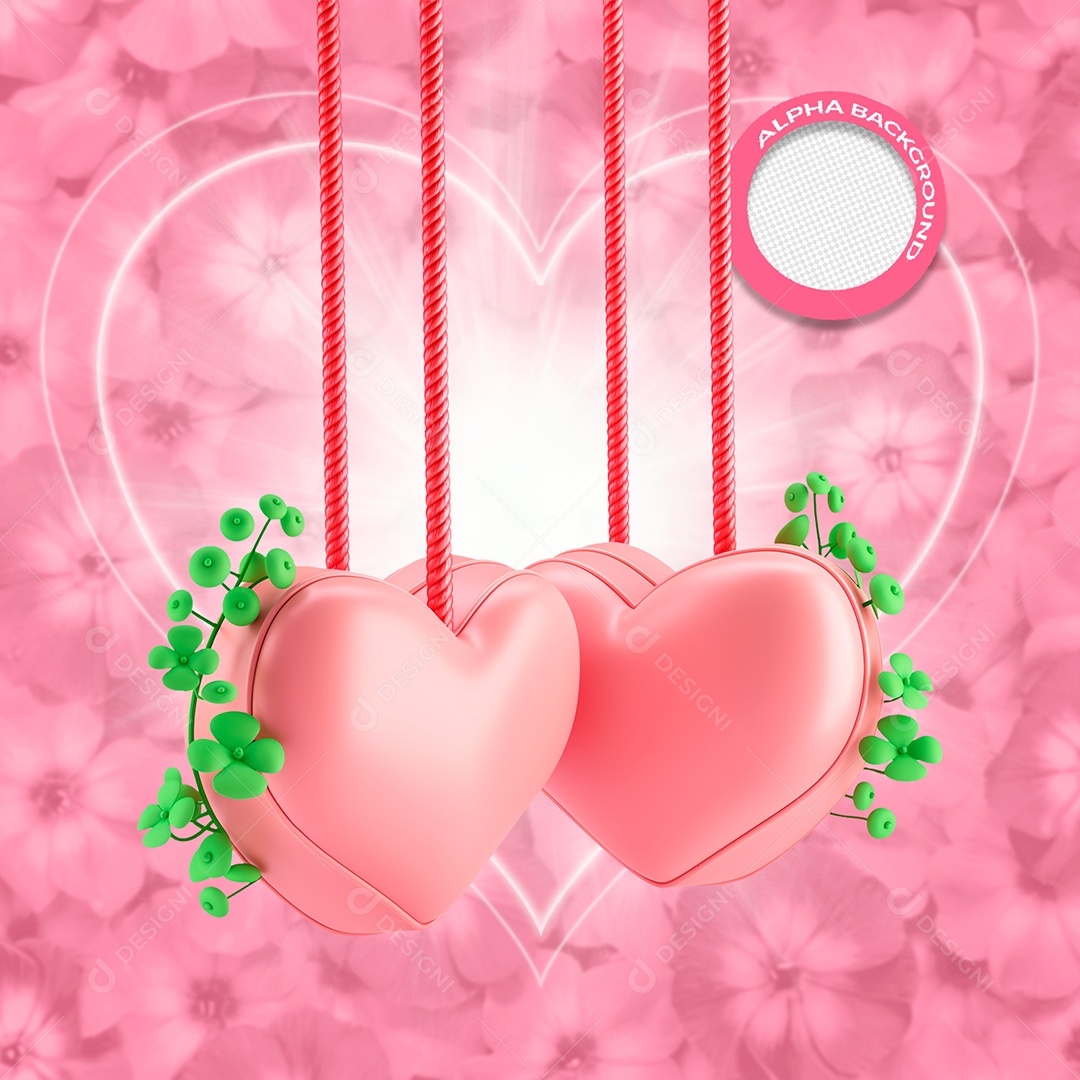 Corações com Arranjo de Folhas Elemento 3D para Composição PSD
