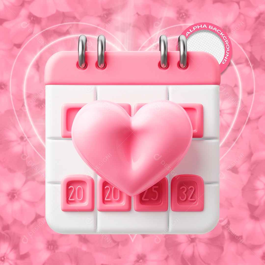 Calendario com Coração Elemento 3D para Composição PSD