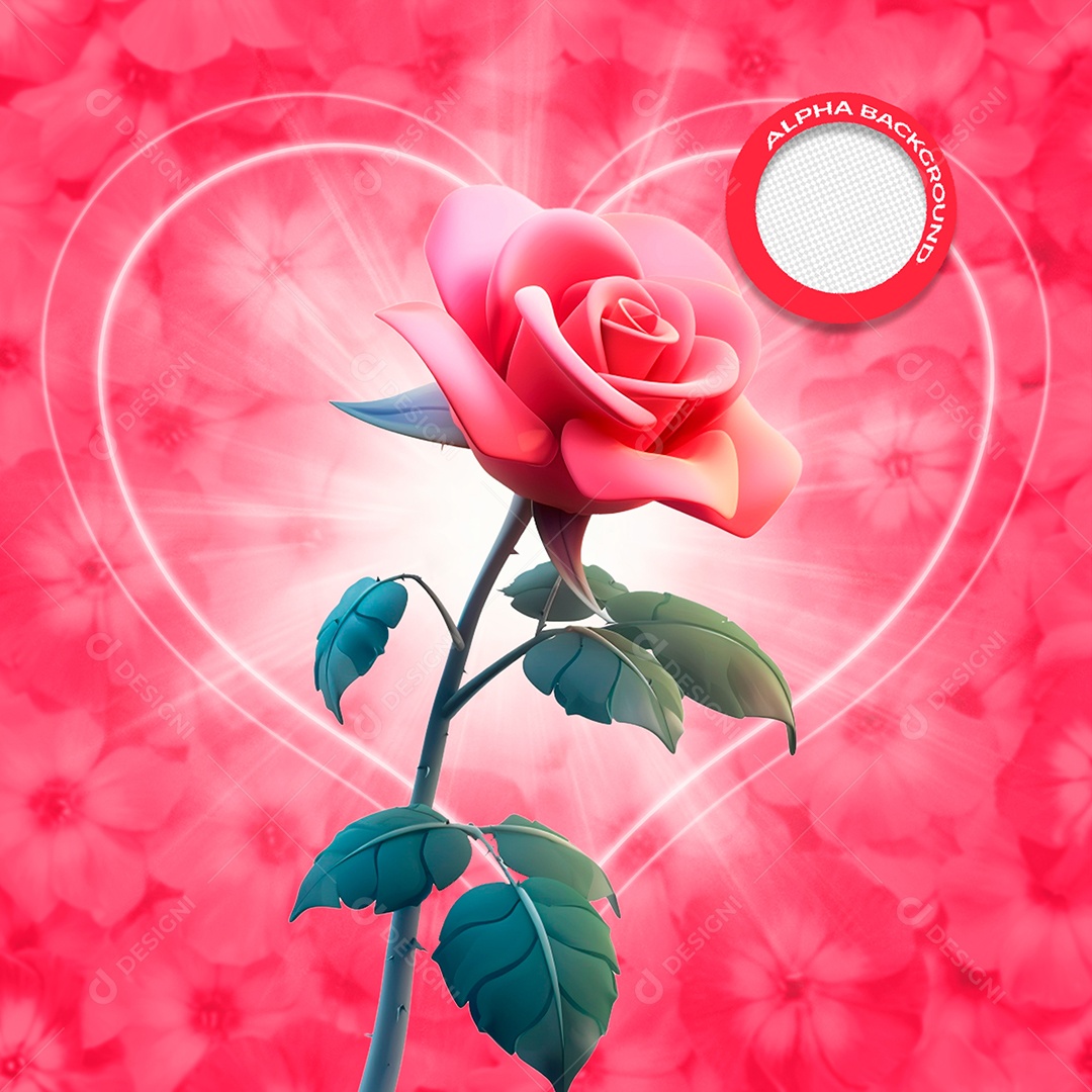 Rosa e Folhas Elemento 3D de Dia dos Namorados para Composição PSD