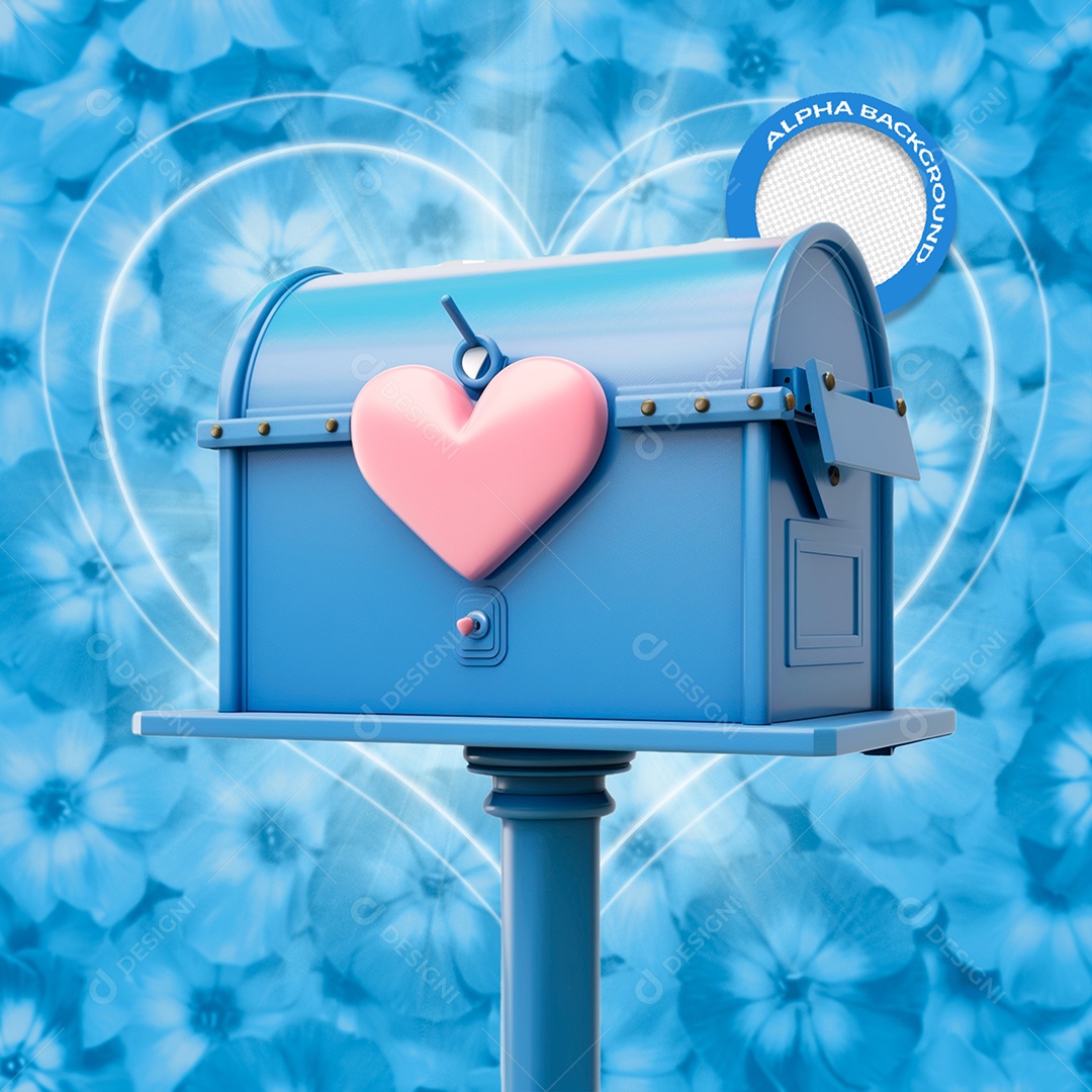 Caixa de Correio e Coração Elemento 3D Azul e Rosa para Composição PSD