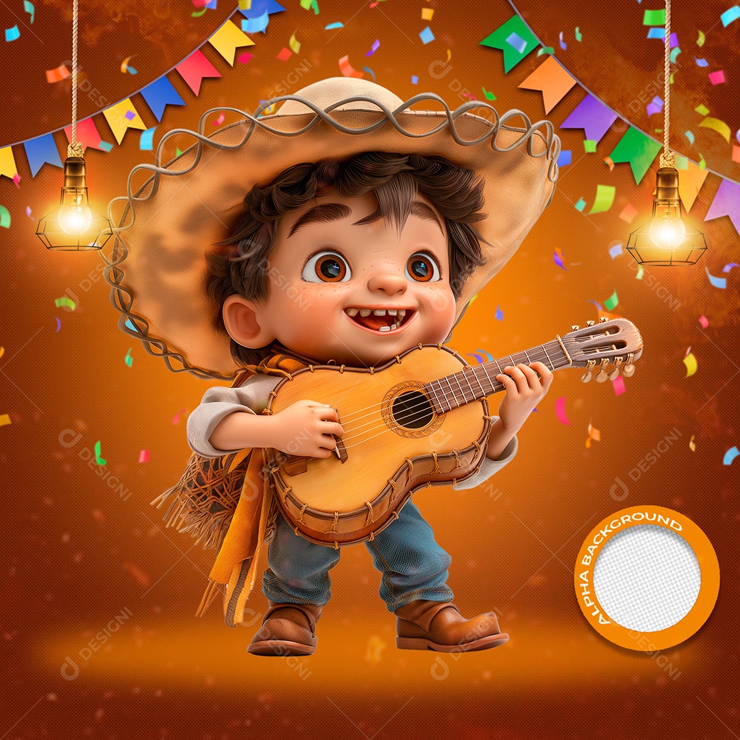 Garotinho com Violão Elemento 3D para Composição PSD