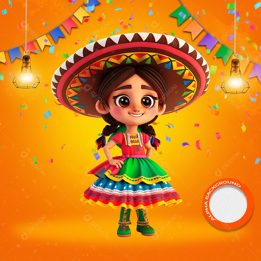 Garotinha em Festa Junina Elemento 3D para ComposIção PSD