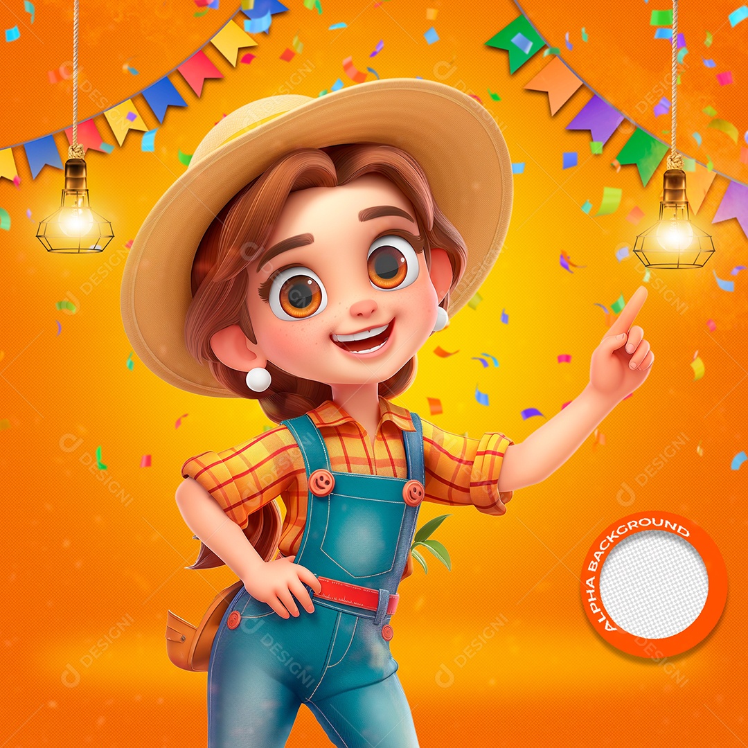 Garota Caipira Feliz Elemento 3D para Composição PSD