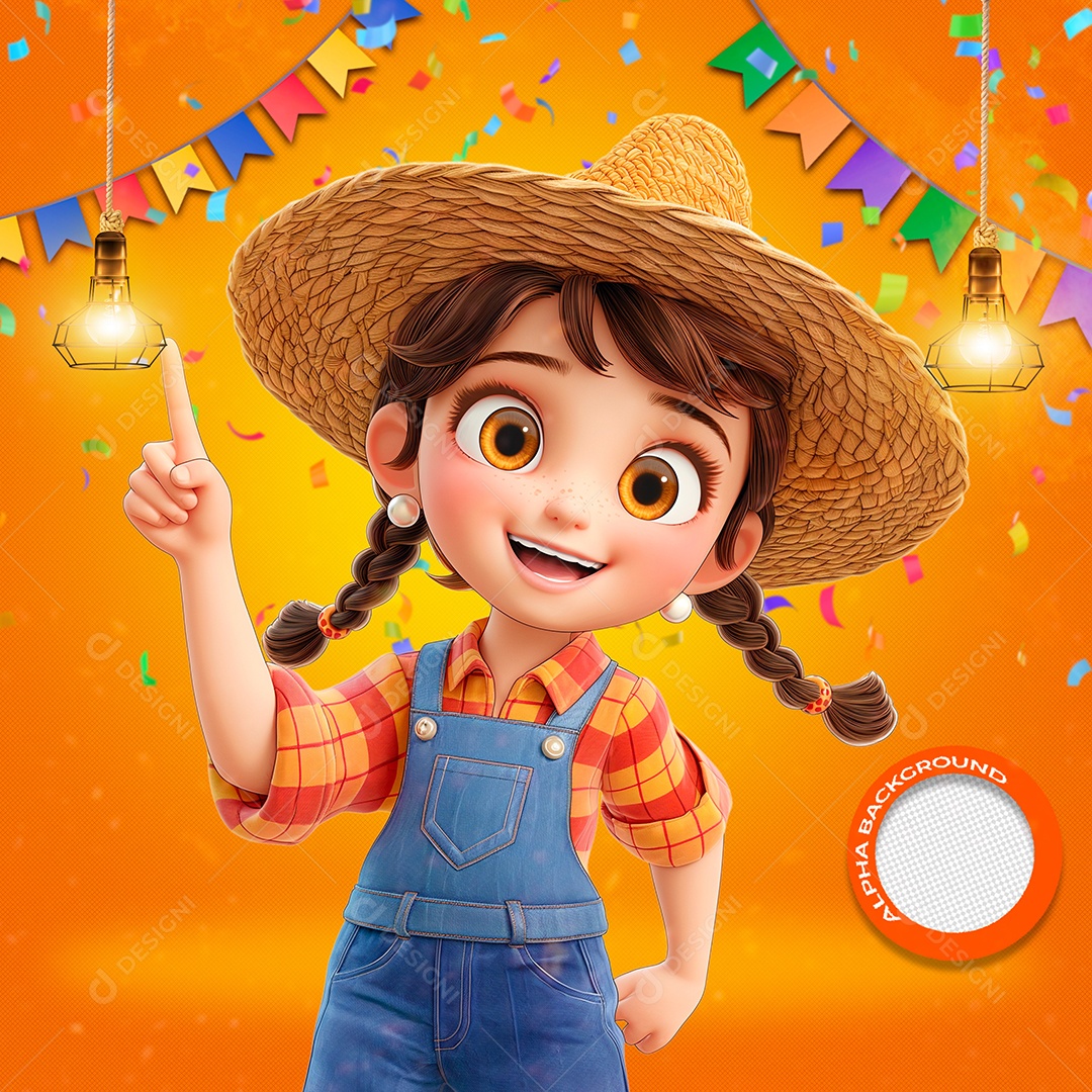 Menina Caipira Feliz Elemento 3D para Composição PSD