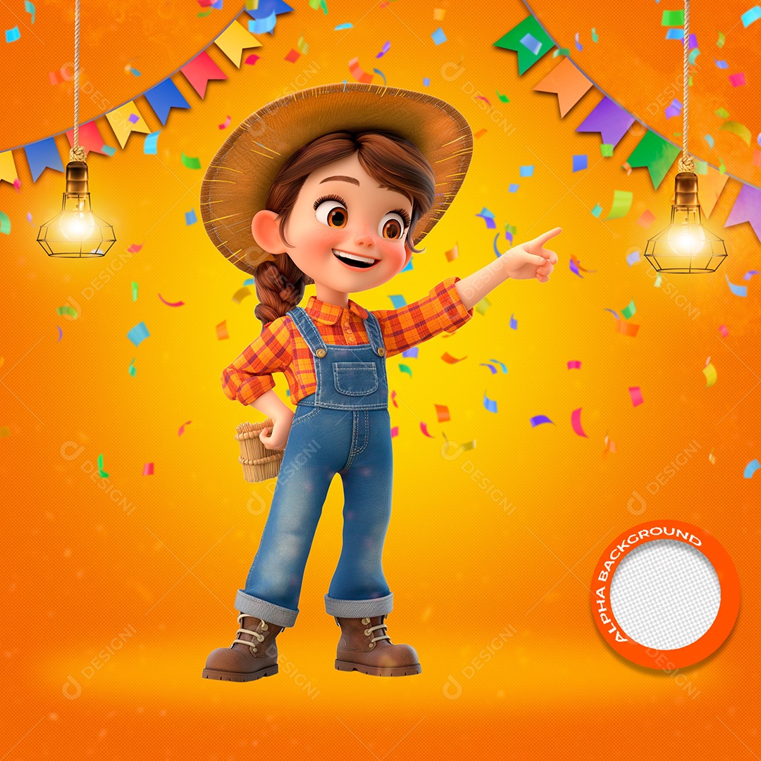 Menina em Festa Junina Elemento 3D de São João para Composição PSD