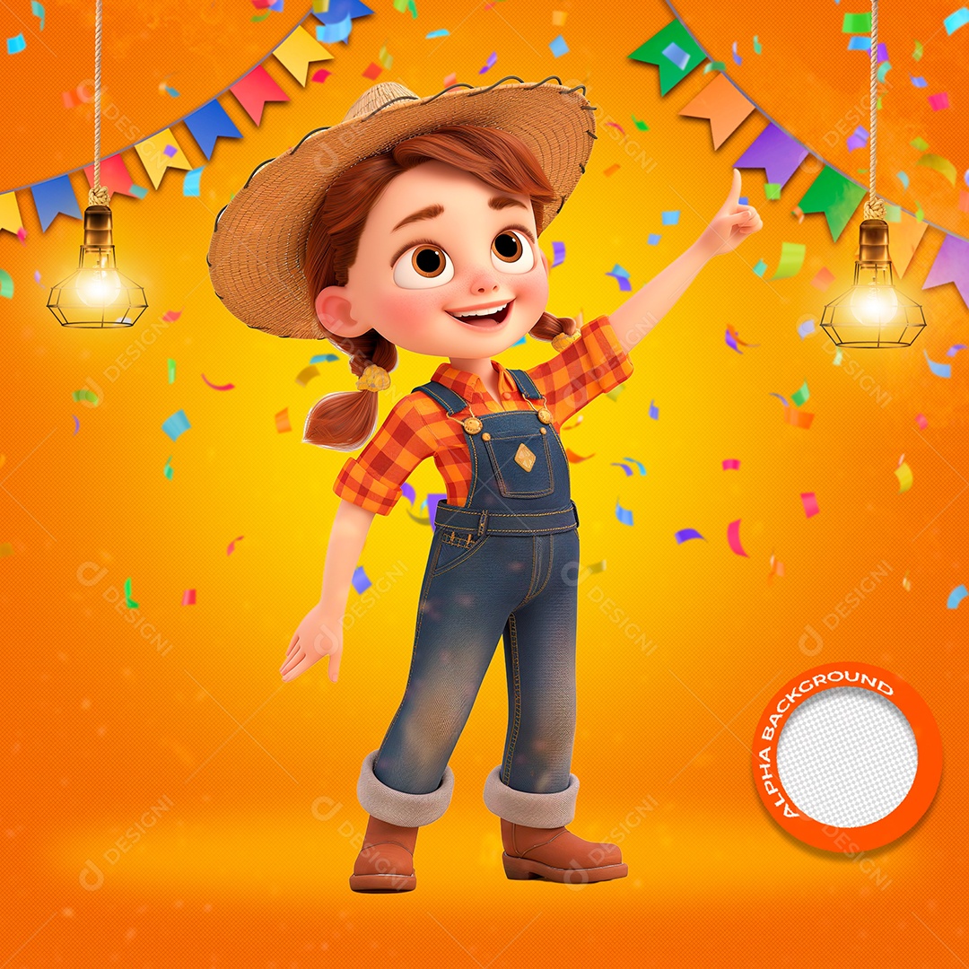 Garotinha Caipira Elemento 3D para Composição PSD