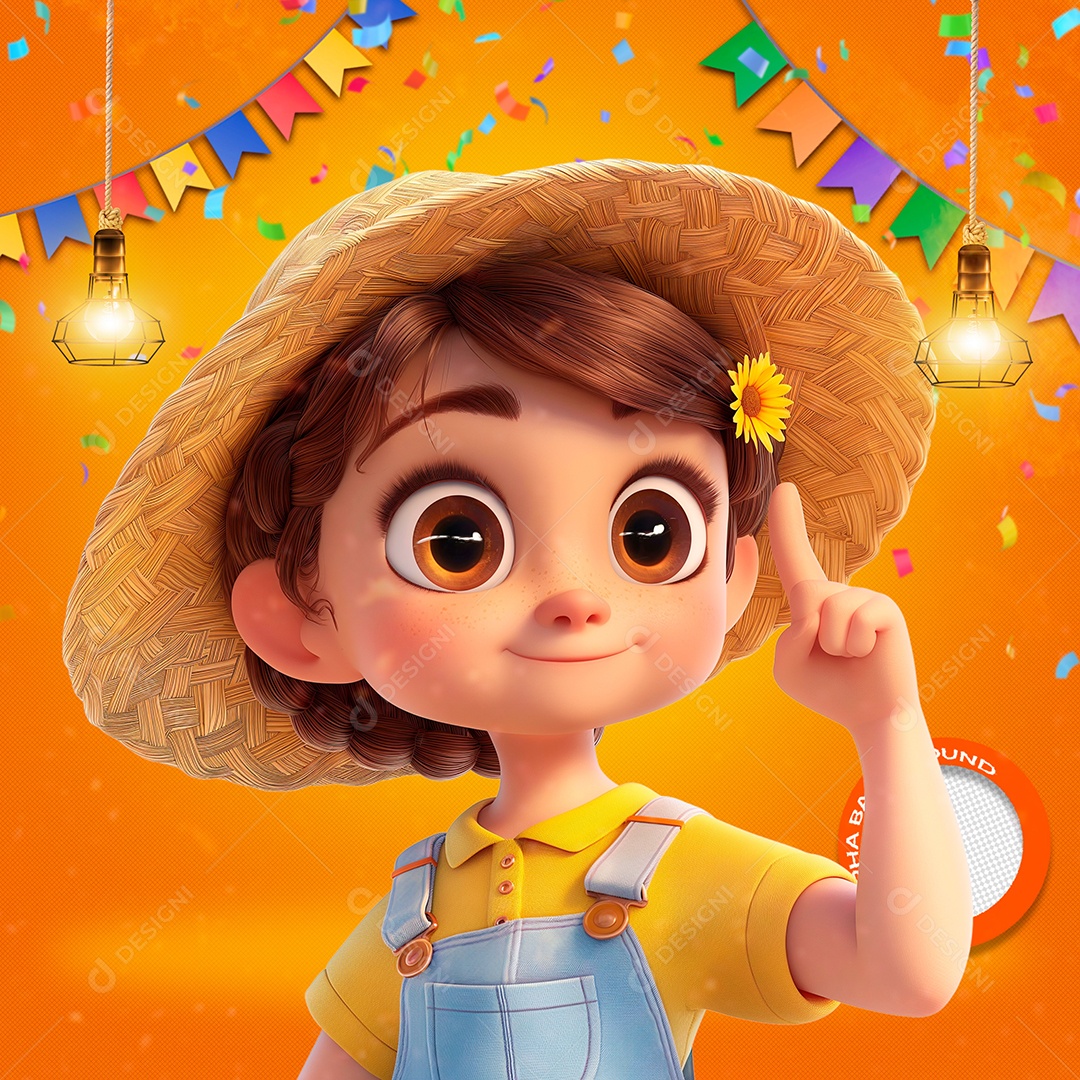 Menina Caipira com Flor no Cabelo Elemento 3D para Composição PSD