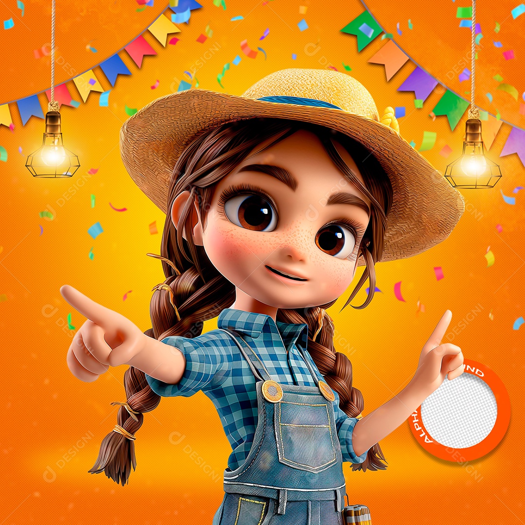 Garotinha com Trajes Caipira Elemento 3D para Composição PSD