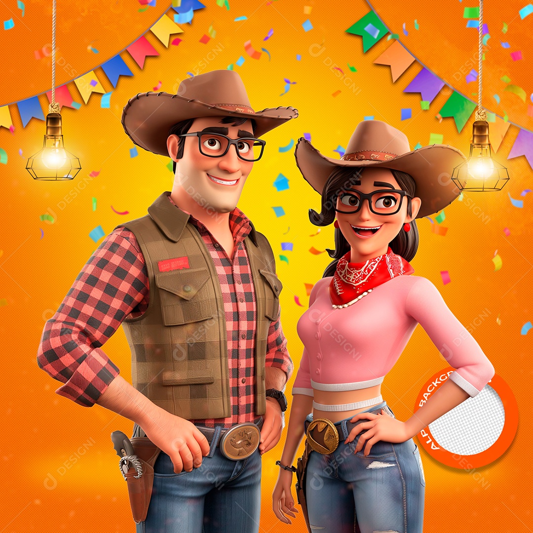 Casal Caipira em Festa Junina Elemento 3D para Composição PSD