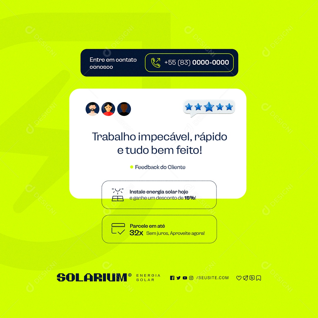Energia Solar Trabalho Impecável Rápido e Tudo Bem Feito Social Media PSD Editável