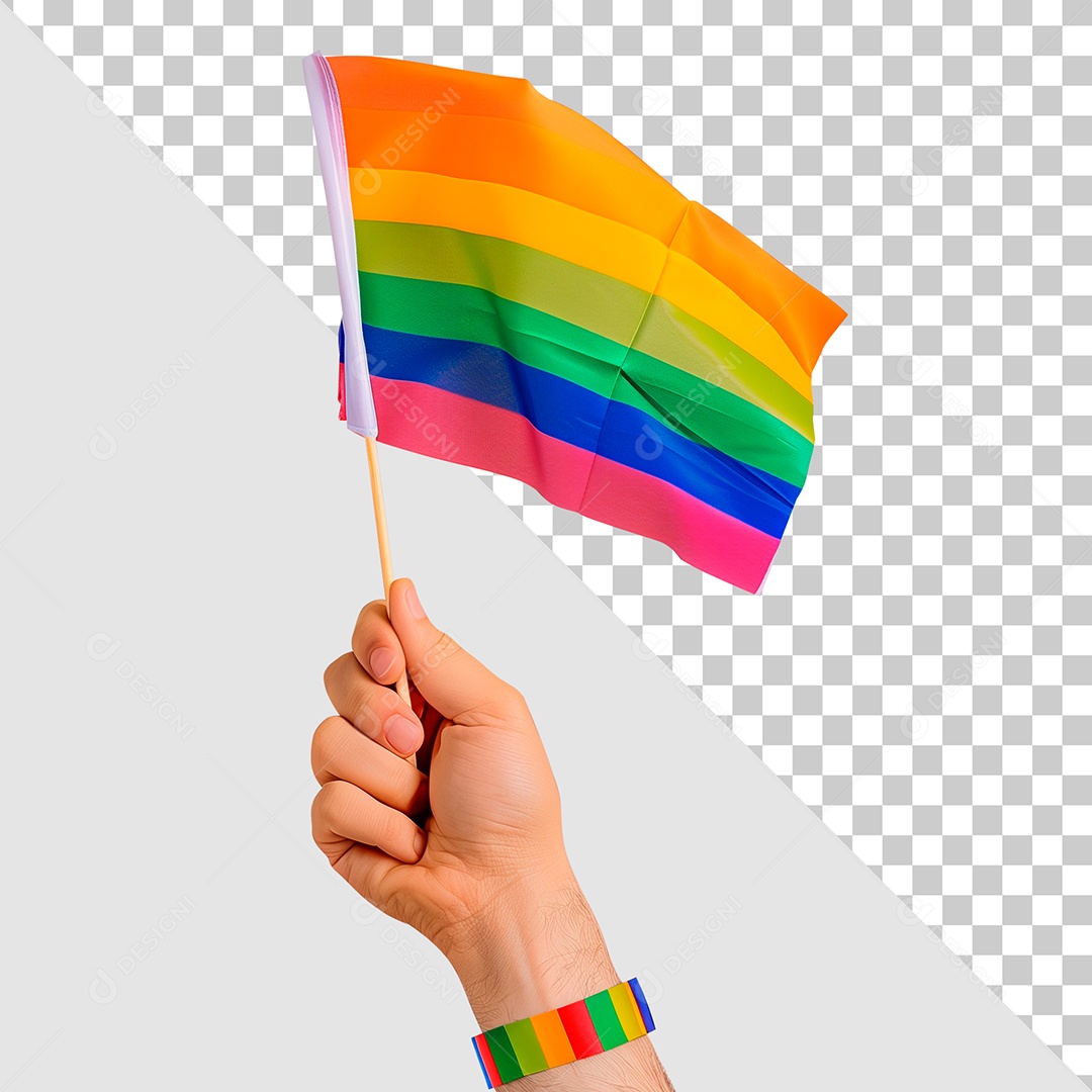 Mão Segurando Bandeira Colorida Elemento 3D para Composição PSD