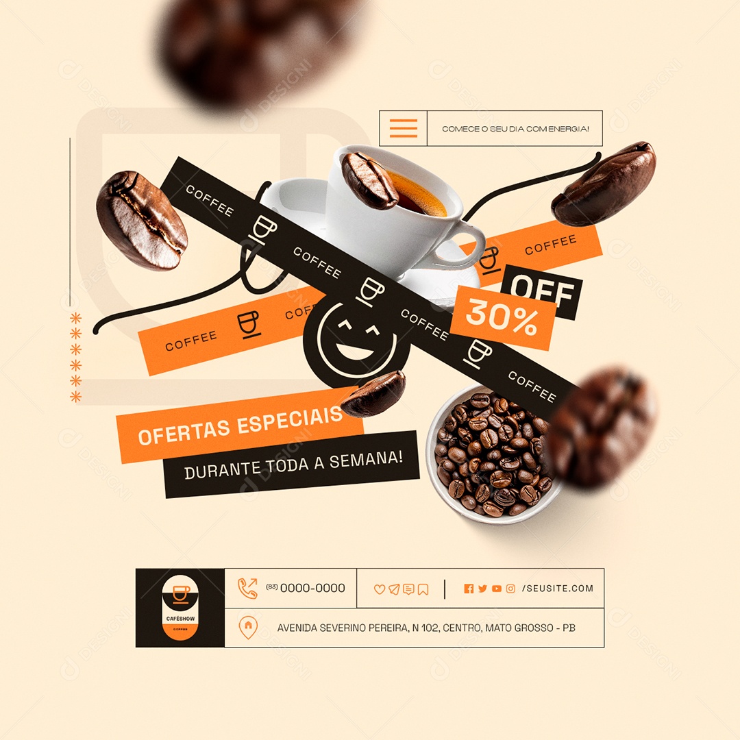 Cafeteria Ofertas Especiais Durante Toda a Semana 30% Off Social Media PSD Editável