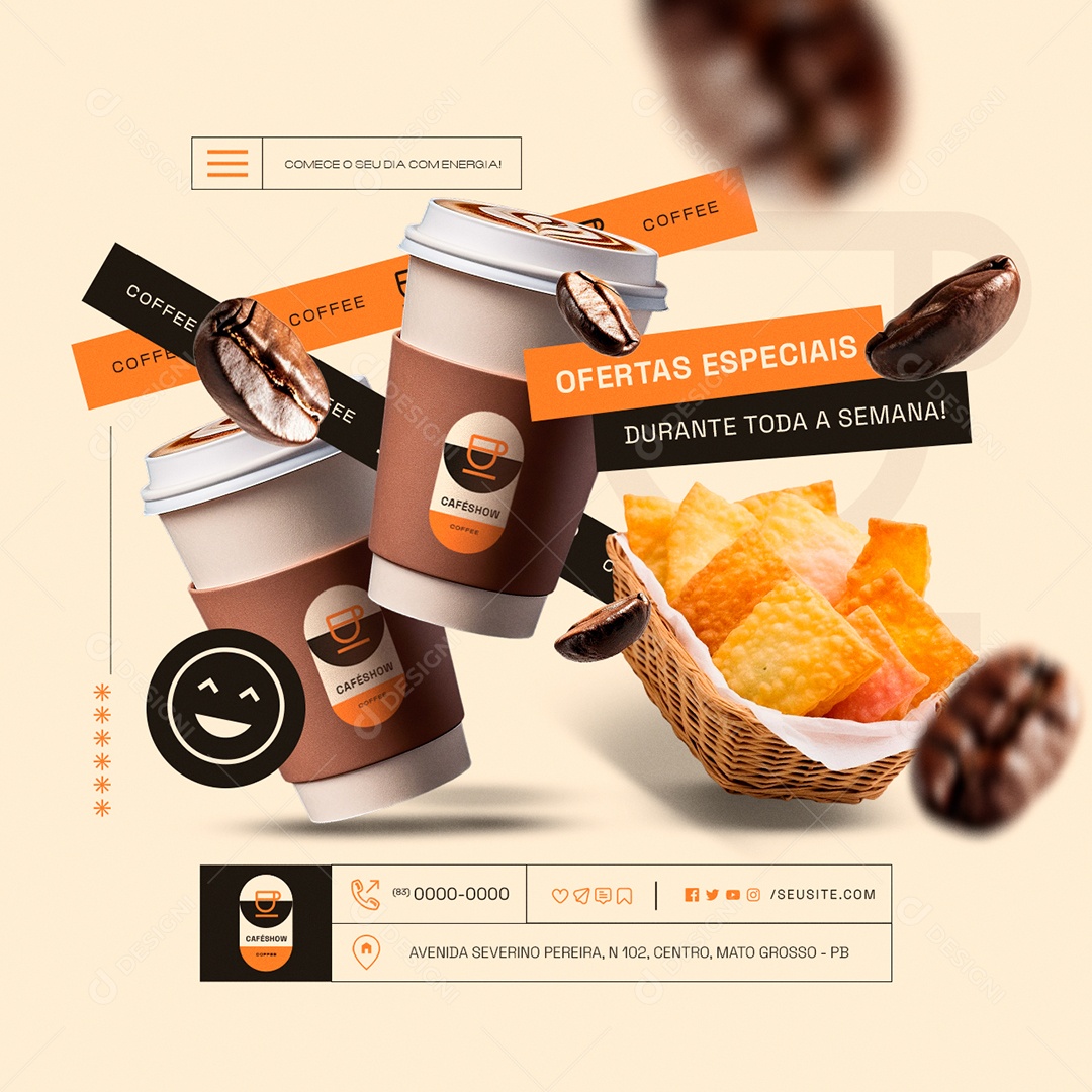 Cafeteria Ofertas Especiais Durante Toda a Semana Social Media PSD Editável