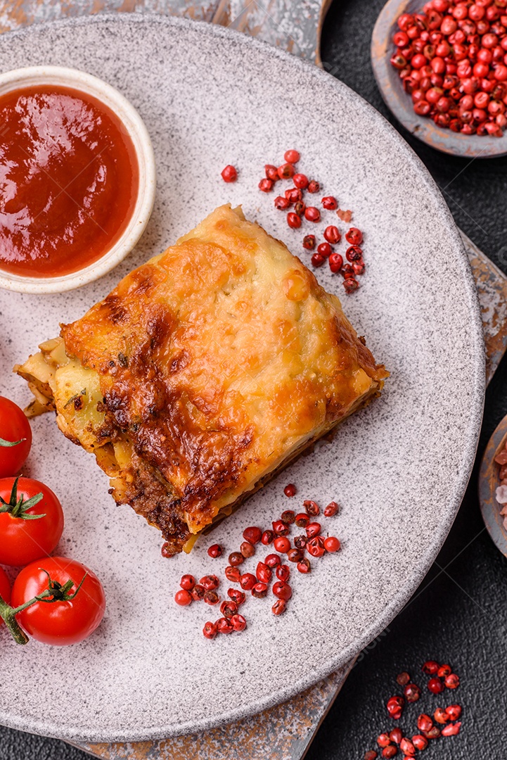 Deliciosa massa de lasanha assada com carne, molho, sal, especiarias e ervas sobre um fundo escuro de concreto
