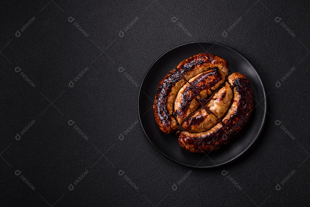 Deliciosa salsicha grelhada em forma de anel com sal, especiarias e ervas sobre fundo escuro de concreto