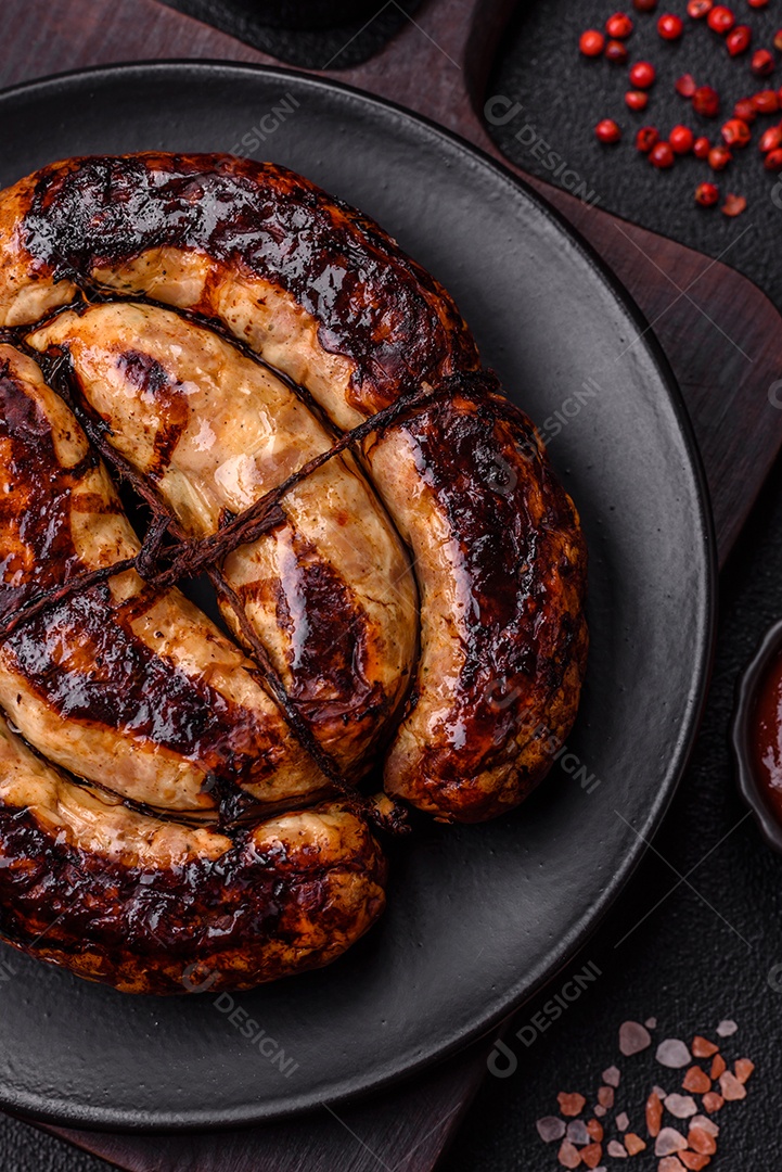Deliciosa salsicha grelhada em forma de anel com sal, especiarias e ervas sobre fundo escuro de concreto