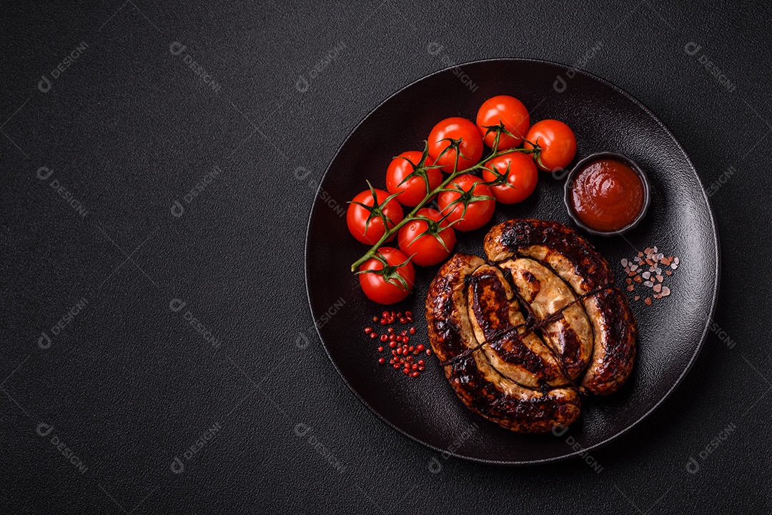 Deliciosa salsicha grelhada em forma de anel com sal, especiarias e ervas sobre fundo escuro de concreto