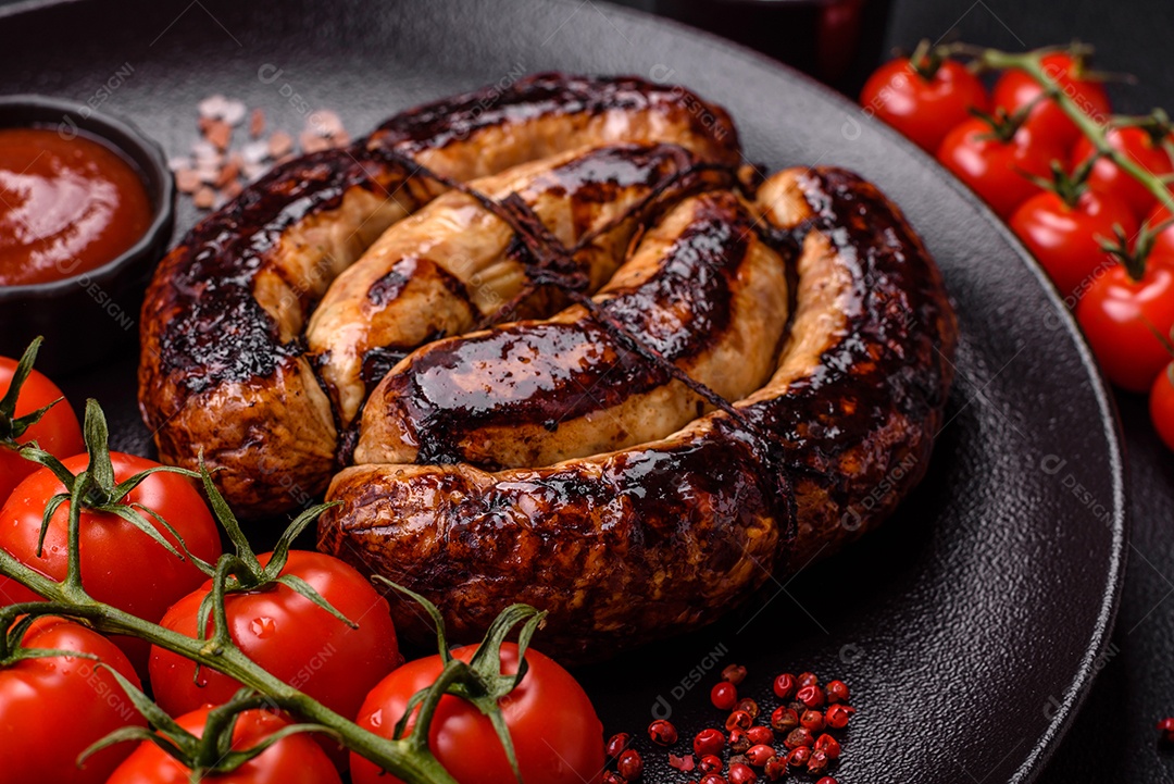 Deliciosa salsicha grelhada em forma de anel com sal, especiarias e ervas sobre fundo escuro de concreto