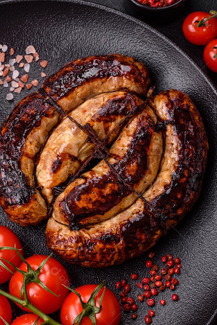 Um pedaço de pão integral com grãos de cereais em uma tábua de madeira sobre um fundo escuro de concreto