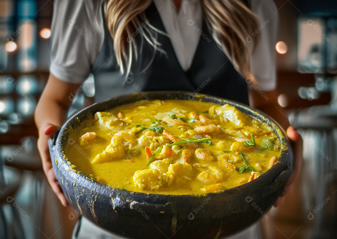 Moqueca de camarão feita no fogão a lenha