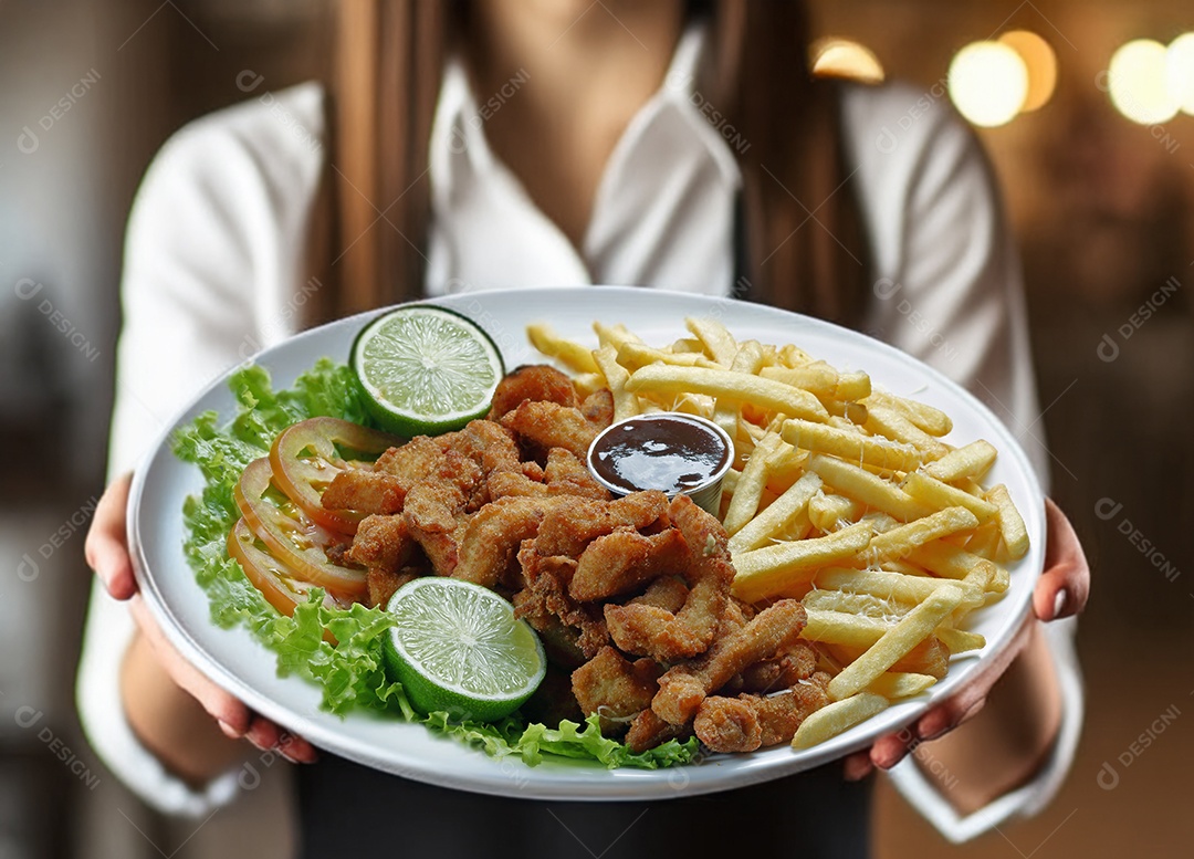 Peixe frito com batatas e molho