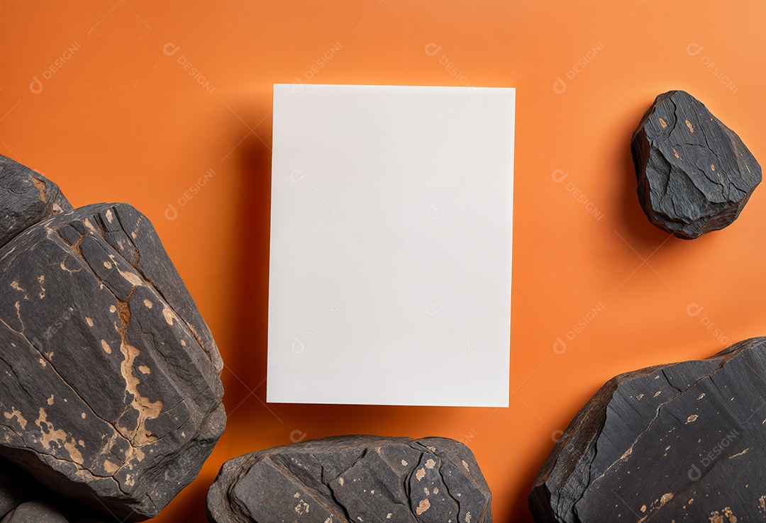 Um cartão ou papel retangular branco colocado ao lado de pedras