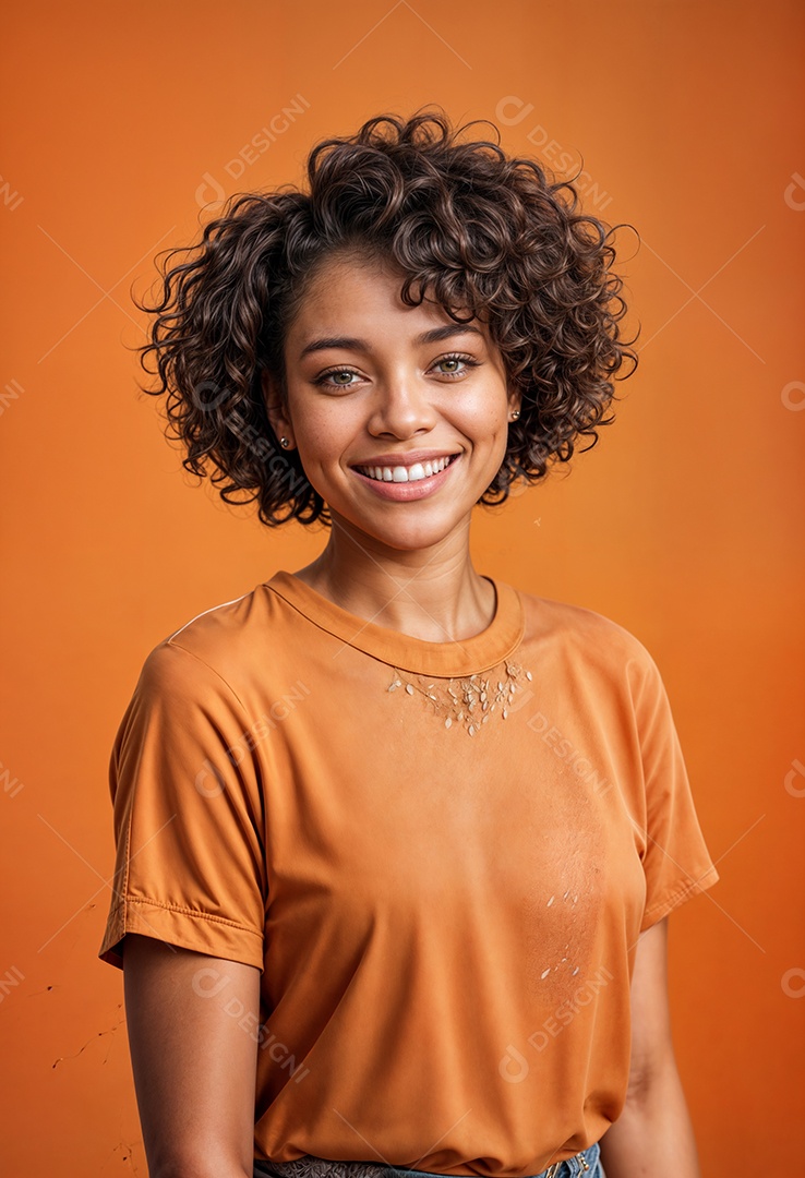 Uma jovem negra de cabelo curto e cacheado sorrindo