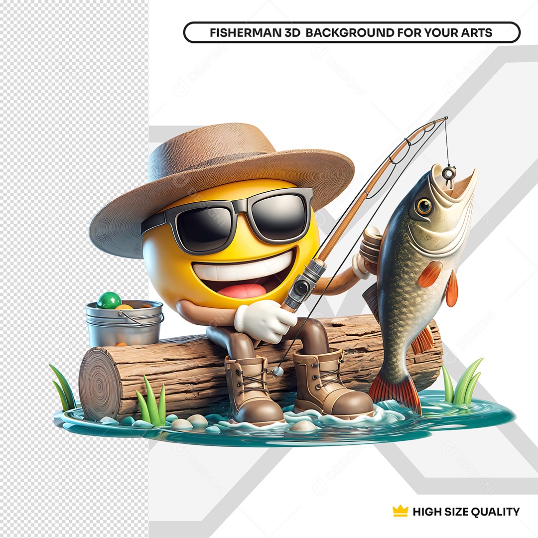 Emoji Usando Chapéu e Pescando Elemento 3D para Composição PSD