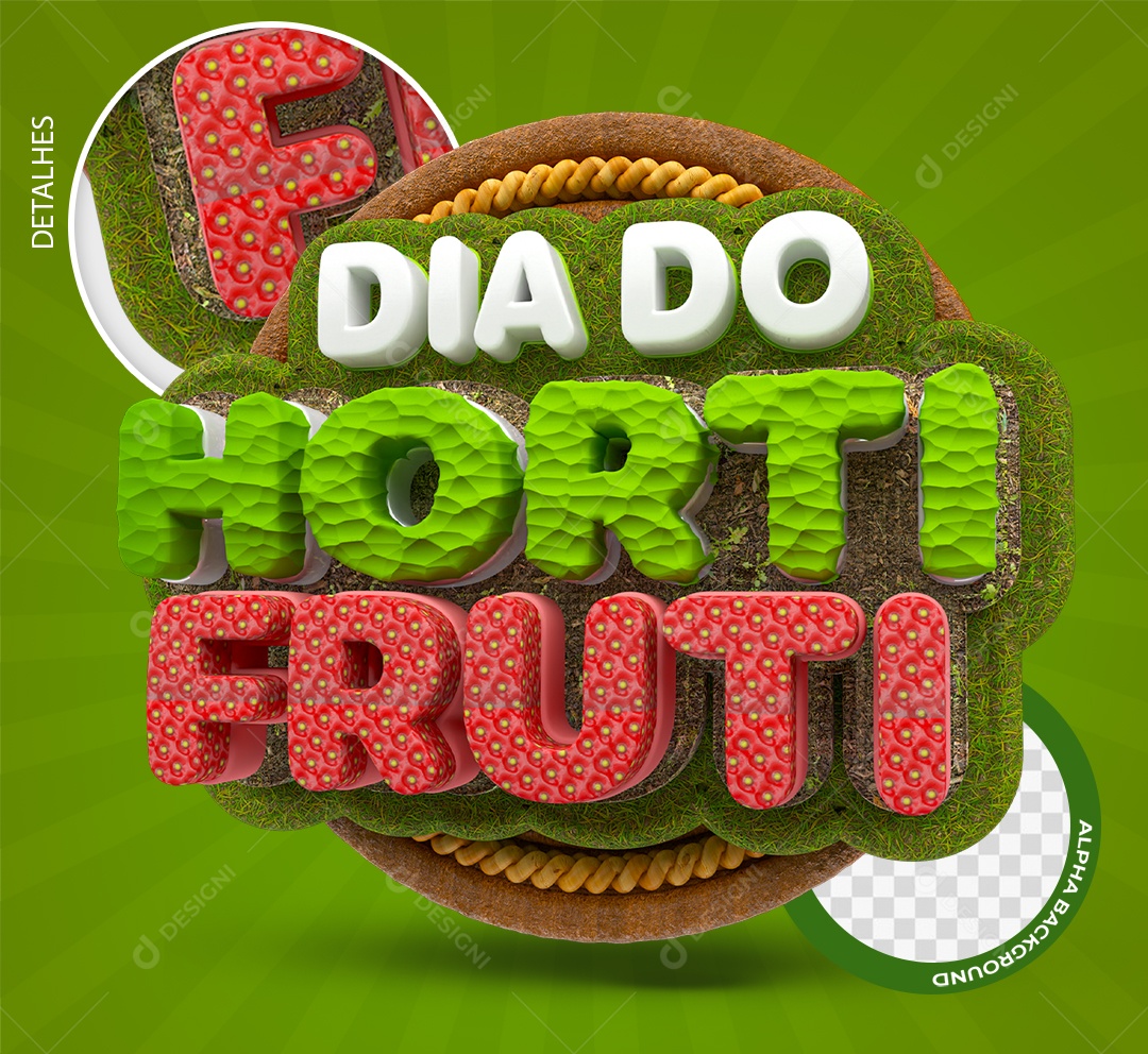 Dia do Hortifruti Selo 3D Verde e Vermelho para Composição PSD