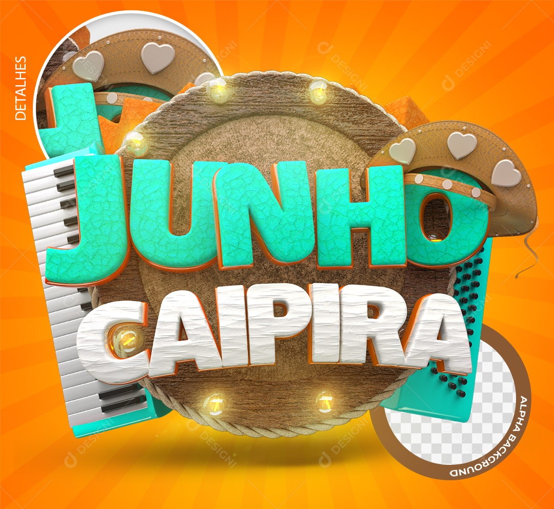 Selo 3D Junho Caipira Azul e Branco para Composição PSD